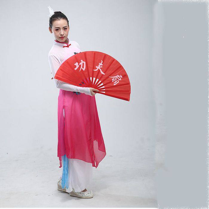 太极扇中国功夫扇金色竹骨响扇武术木兰扇塑料骨红色表演练功扇子