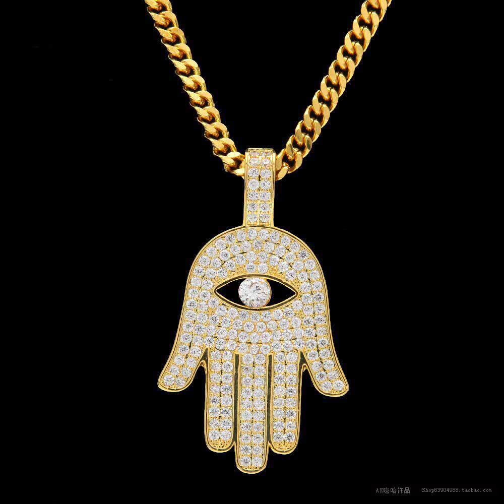 欧美嘻哈微镶锆石镂空眼睛法蒂玛之手吊坠khamsah项坠