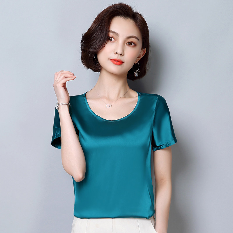 真丝短袖上衣女夏2018新款宽松大码桑蚕丝t恤小衫纯色绸缎打底衫