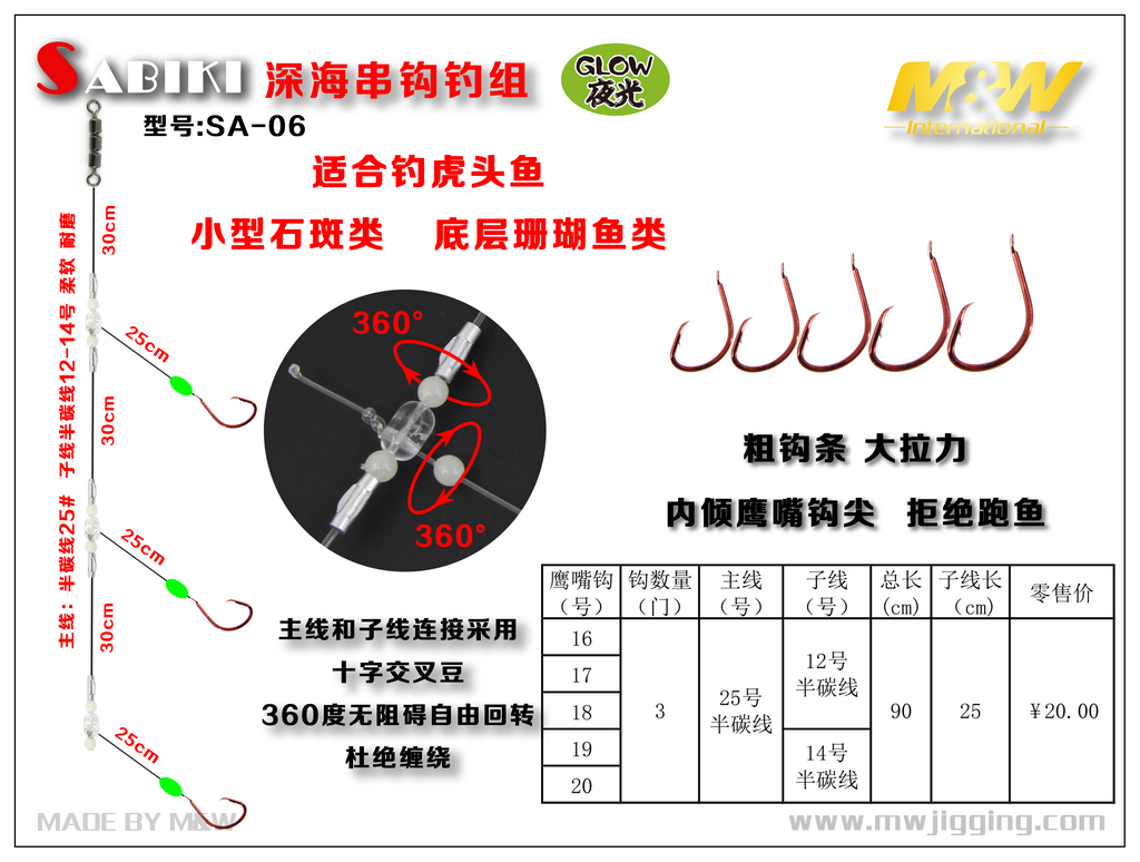 mw深海串钩钓组 sa-06 内倾鹰嘴钩尖虎头鱼石斑鱼钓组钓鱼配件3门