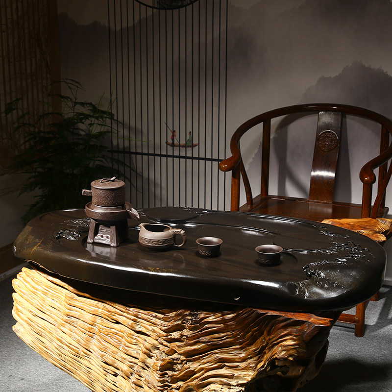 歙砚茶盘石头茶台大型天然原石茶海轻奢家用茶盘