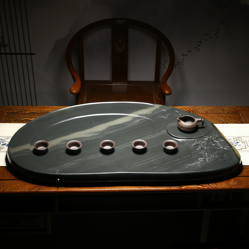 精品中型茶盘歙砚天然原石茶台高端石头茶海茶盘