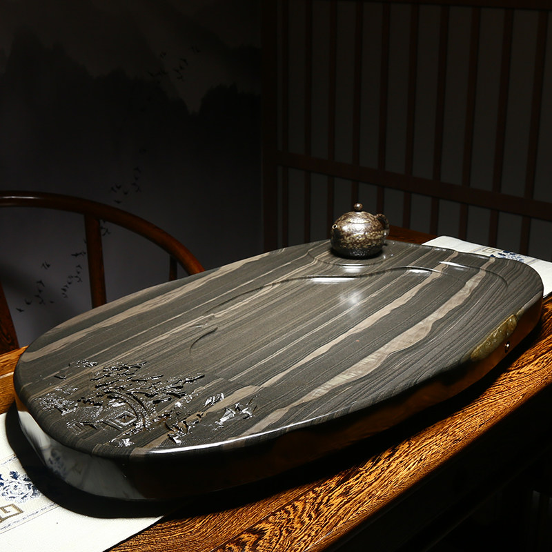 茶盘茶海歙砚功夫茶排水石排水茶具石质功夫原石茶盘