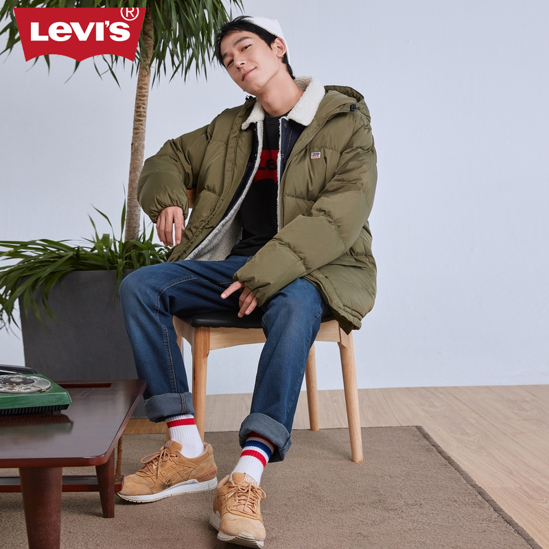 Levi's李维斯男女同款冬季条纹简约休闲时尚情侣连帽羽绒服28254