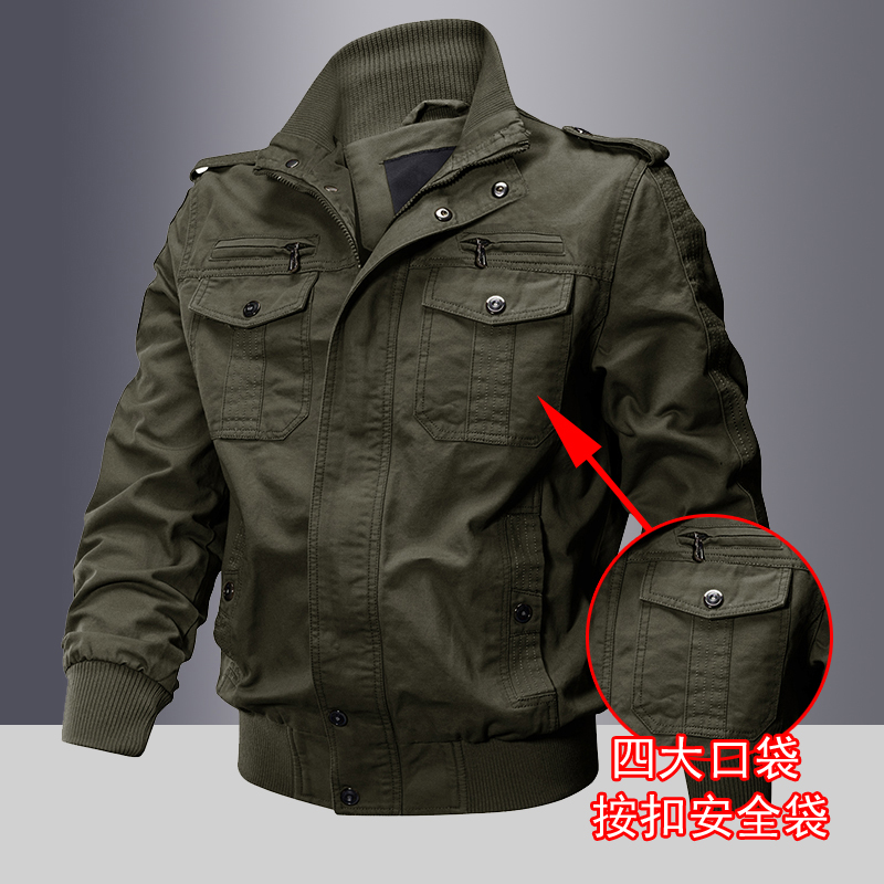 春秋飞行员工作服纯棉土加厚大码休闲中老年夹克男多口袋厚款上衣