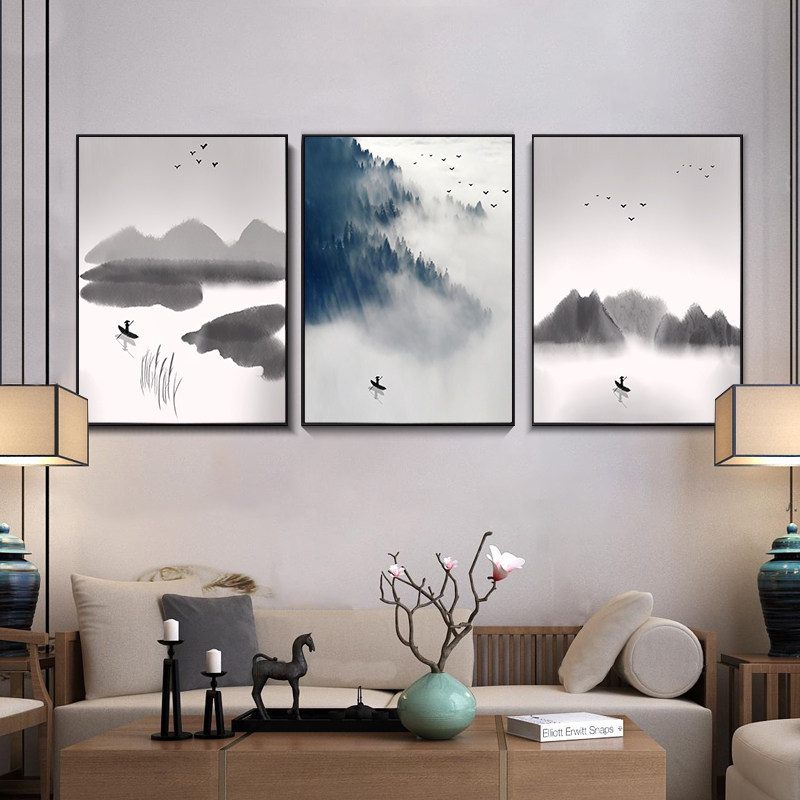 新中式壁画三联水墨挂画背景墙沙发客厅禅意玄关现代装饰画