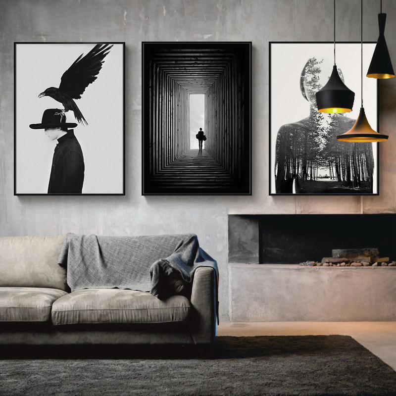 后现代黑白灰风格装饰画简约北欧客厅沙发背景墙人物抽象艺术挂画