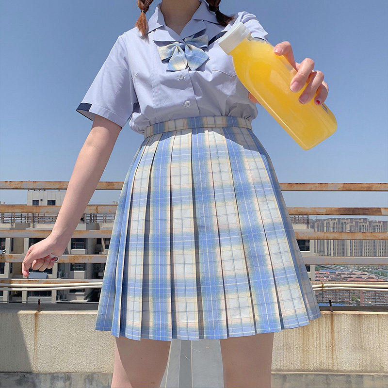 樱花家族原创学生蓝色jk格子制服小雏菊高腰半身裙