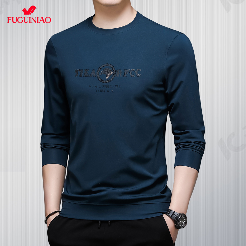 富贵鸟男士长袖冰丝t恤春秋打底衫丝光棉圆领宽松卫衣男休闲潮牌