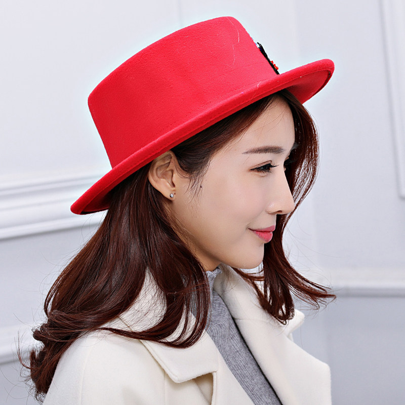 韩国新款冬季女性帽子红色仿毛呢爵士帽 女式礼帽 大沿防晒毛毡帽
