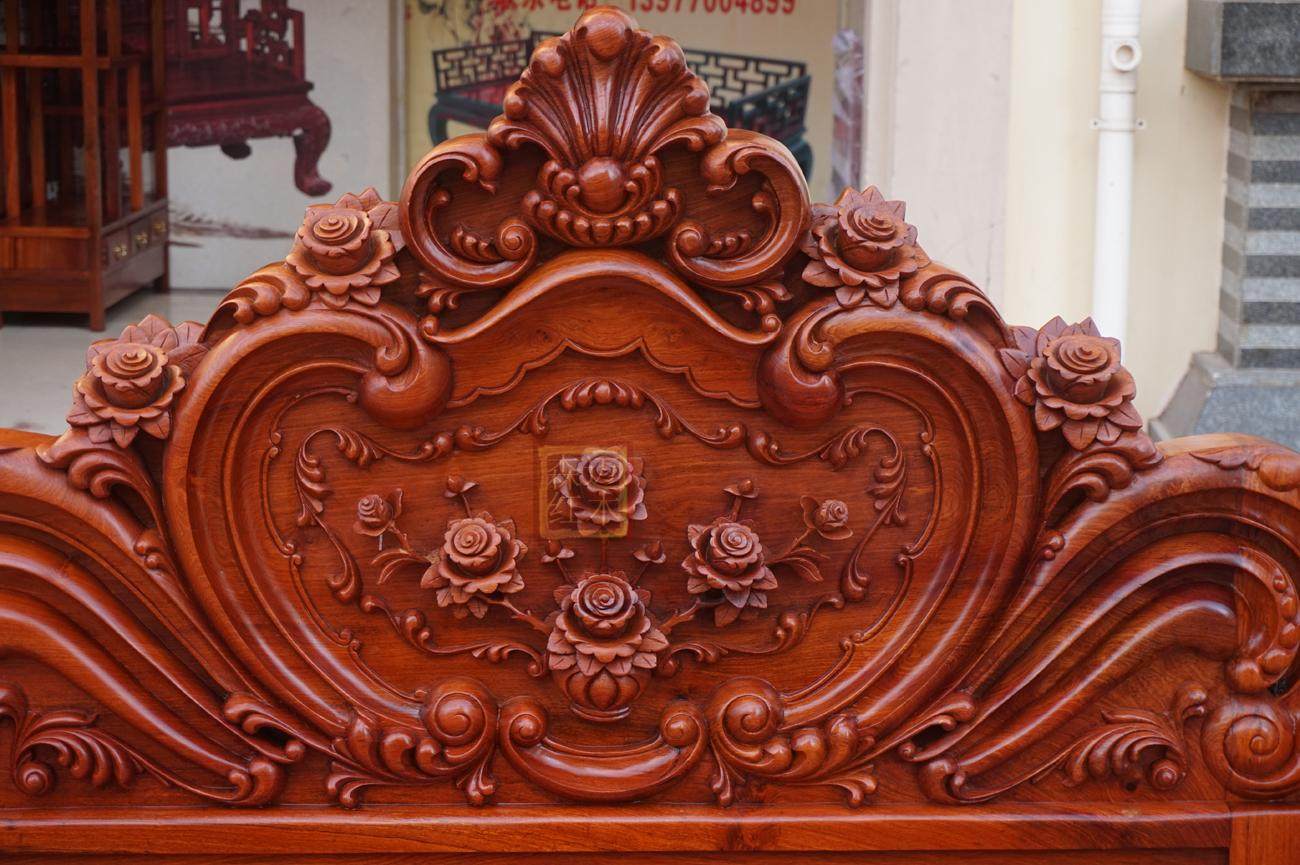 花梨缅甸红木木床大果紫檀玫瑰花加厚独板欧式实木床