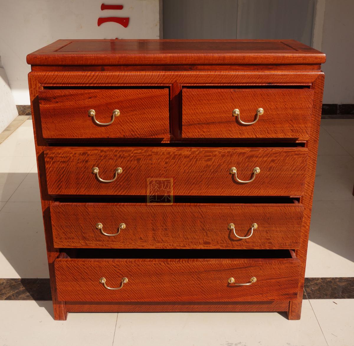 红木五斗柜缅甸花梨仿古光面虎皮衣柜收纳实木斗柜