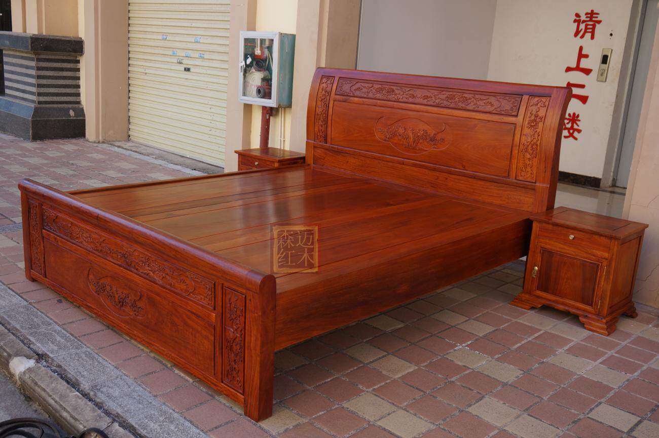 木床缅甸花梨大果紫檀红木实木百花如意加厚实木床