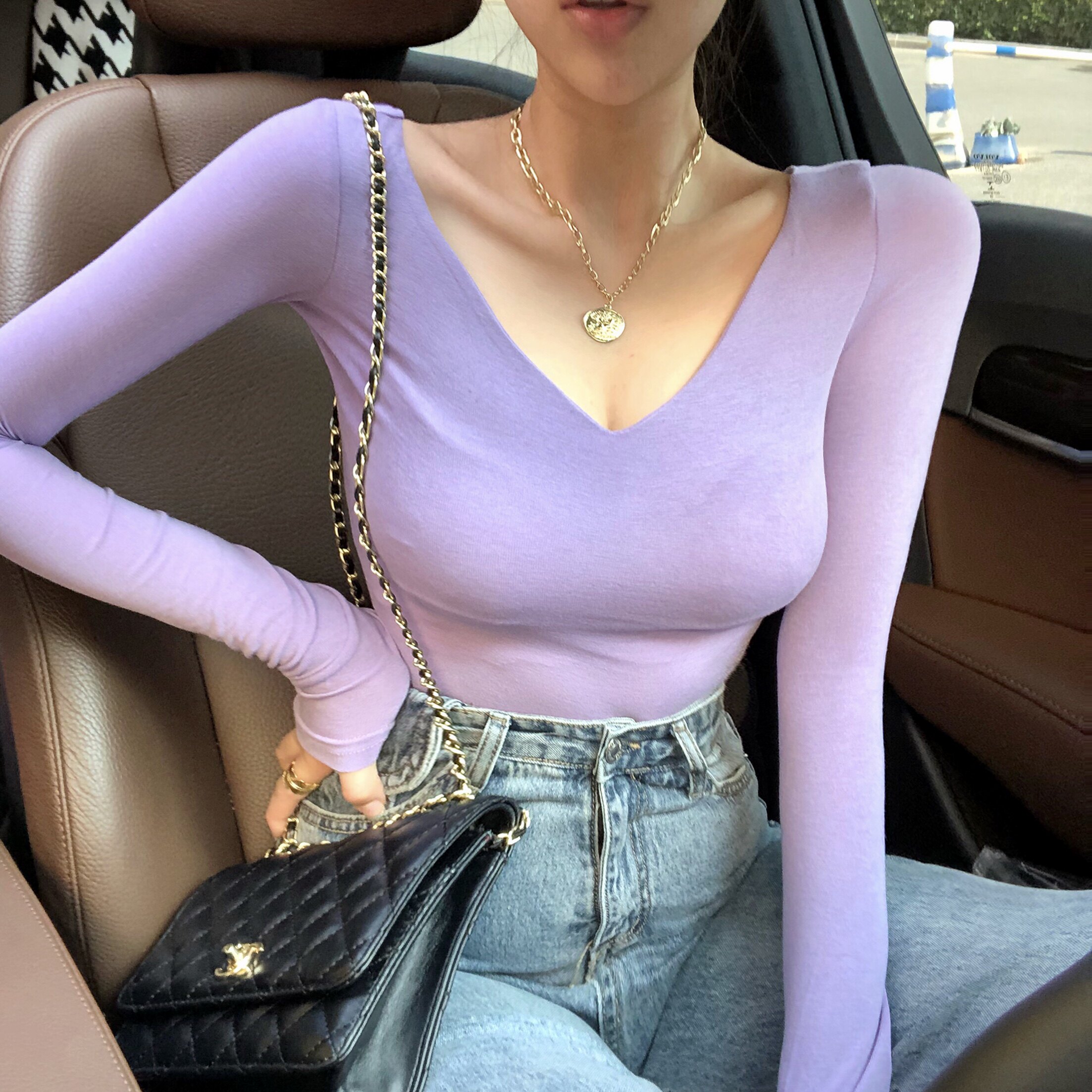 2020套头上衣长袖显胸紧身春季性感设计锁骨t恤