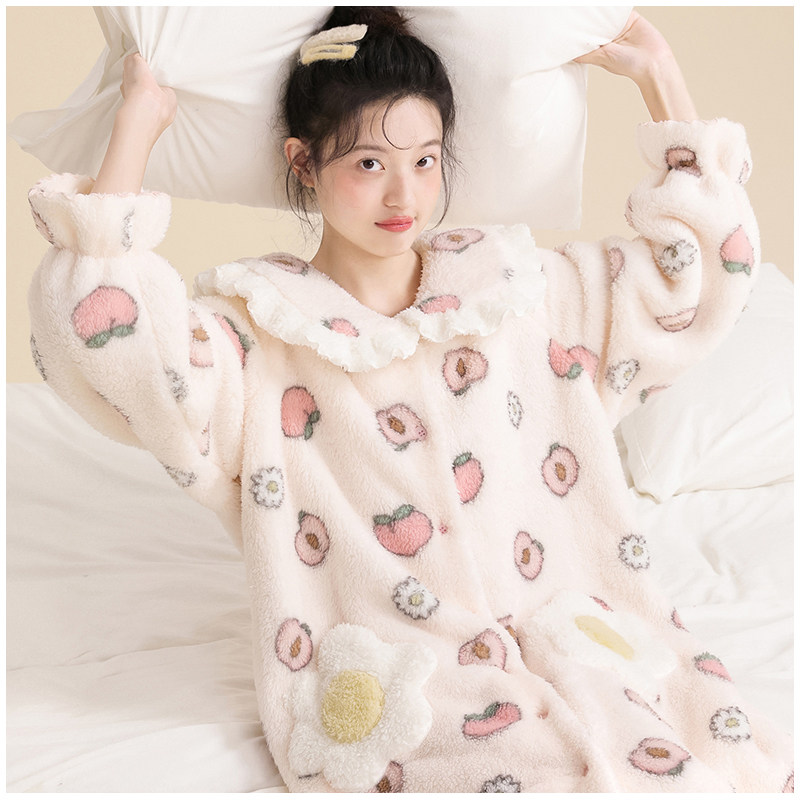 睡袍秋冬珊瑚瑚绒加厚法兰绒甜美水蜜桃学生可爱睡袍