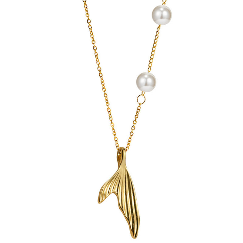 新品钛钢鱼尾吊坠气质珍珠项链女高高级百搭旅行发卡