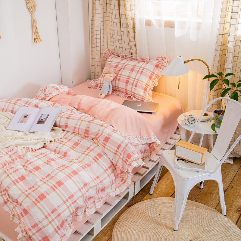 纯棉床单ins条格简约花边被套单人床学生单人床品套件