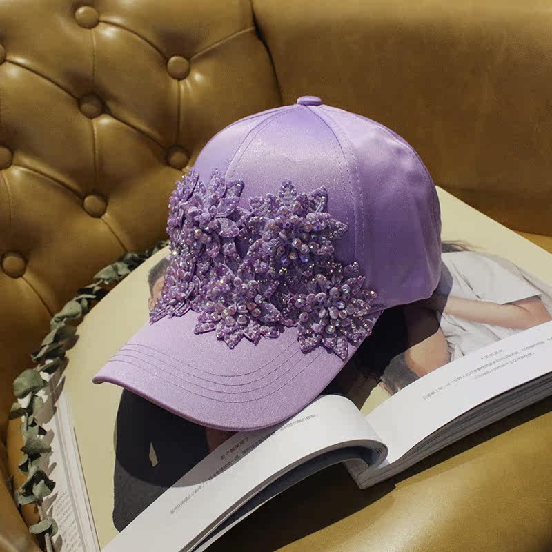 韩国立体花朵彩色串珠棒球帽子女士出游逛街旅行度假休闲帽太阳帽