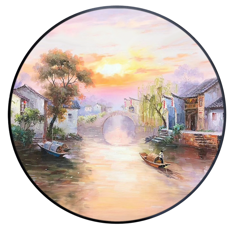 油画雅创创新中式风景手绘玄关客厅装饰圆形油画