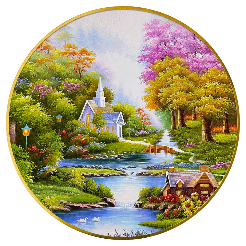 金属圆框画框浪漫家园风景画托马斯手绘油画