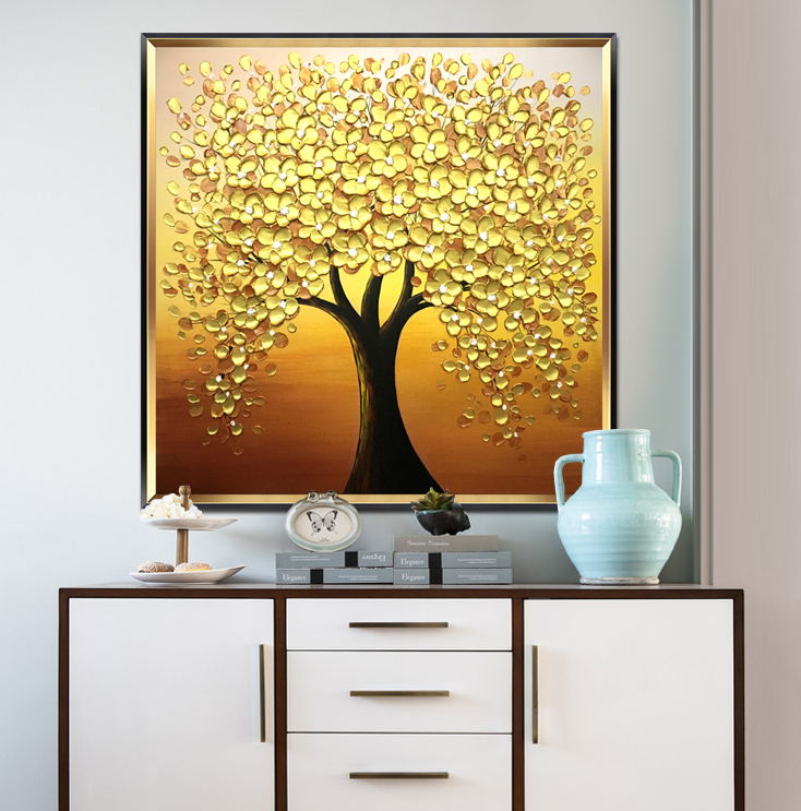 摇钱树纯手绘油画玄关装饰画客厅方形挂画金色发财树壁画入户招财