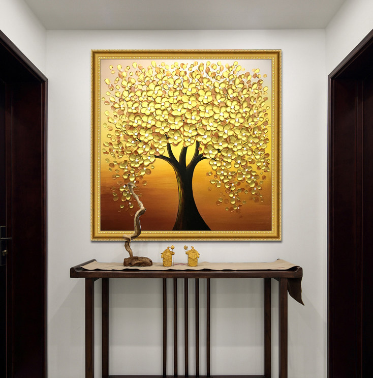 摇钱树纯手绘油画玄关装饰画客厅方形挂画金色发财树壁画入户招财