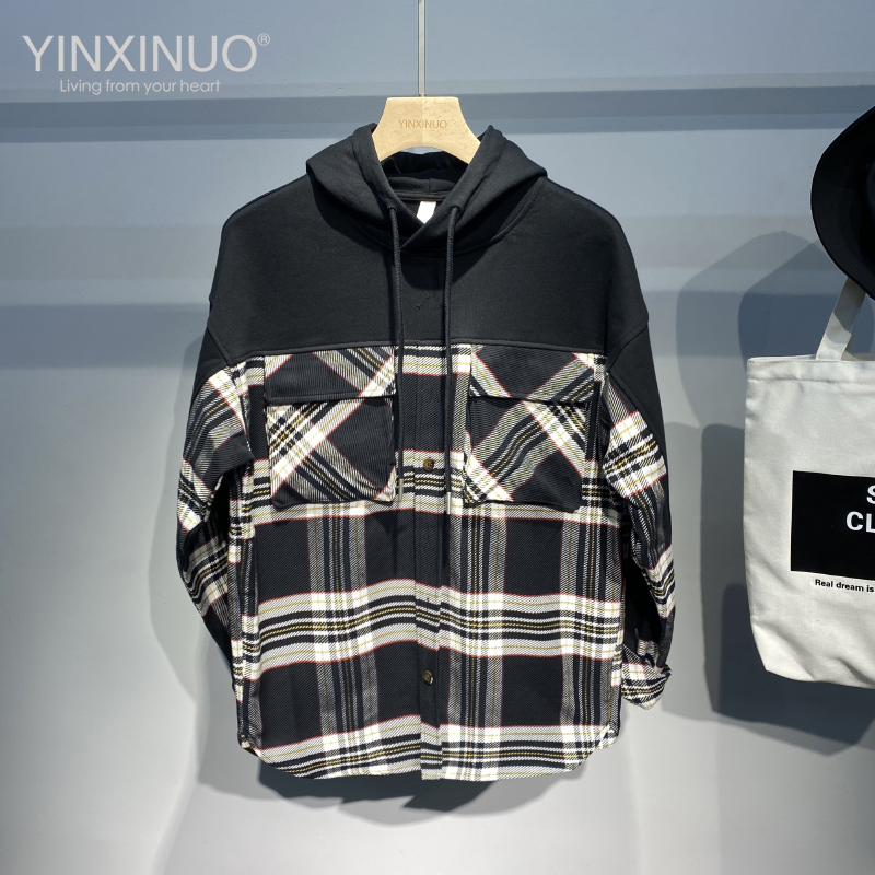 印西诺春秋款简约格子拼接套头卫衣男胸前口袋纽扣门襟连帽外套潮