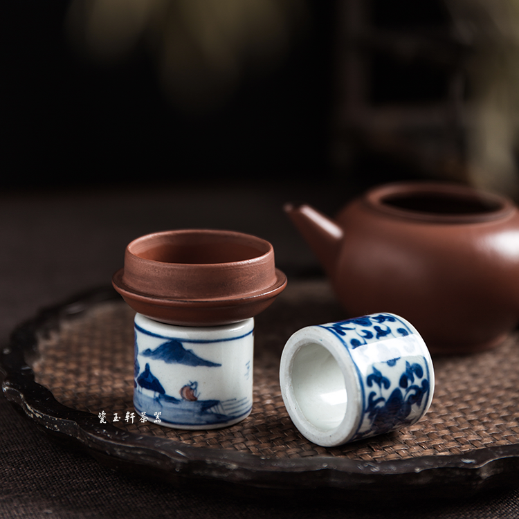 景德镇釉下手绘茶置仿古青花缠枝山水陶瓷盖置茶道