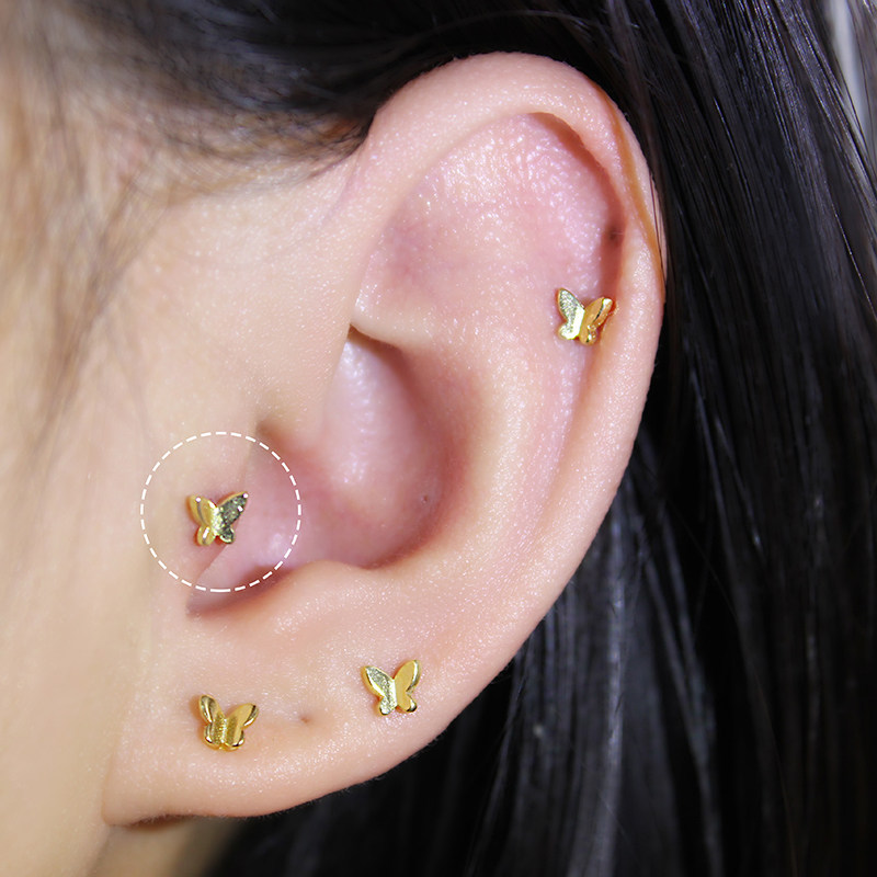 耳钉耳屏钉女纯银小耳朵耳蜗14k蝴蝶精致多耳耳钉