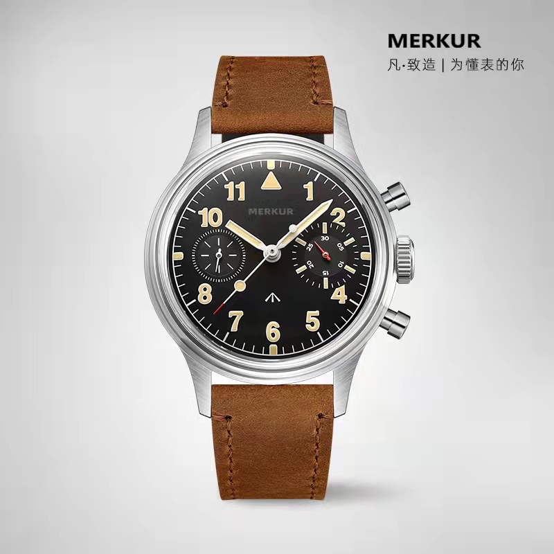 中国原创国产腕表MERKUR飞行员手动机械表男计时码表TYPEXX大小眼