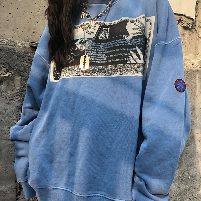 LIFE CAVEMPT CE蜡染水洗做旧蓝色鬼手印无帽宽松卫衣男ins日潮牌