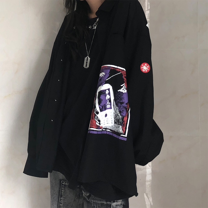 CE衬衫男LIFE cavempt长袖贴布手机油墨印花原宿衬衣外套ins日潮