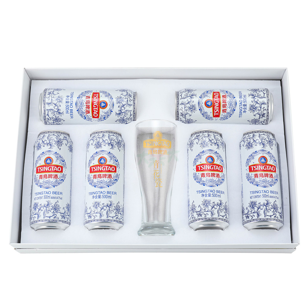 山东特产青岛市青岛啤酒青花瓷中文版500ml6听带杯子手提啤酒