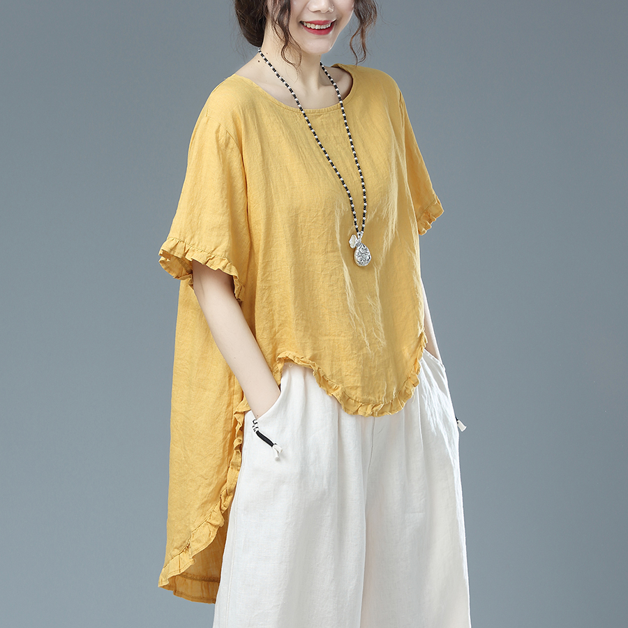 棉麻上衣2020年新款女夏季文艺宽松t恤女木耳边前短后长半袖体恤