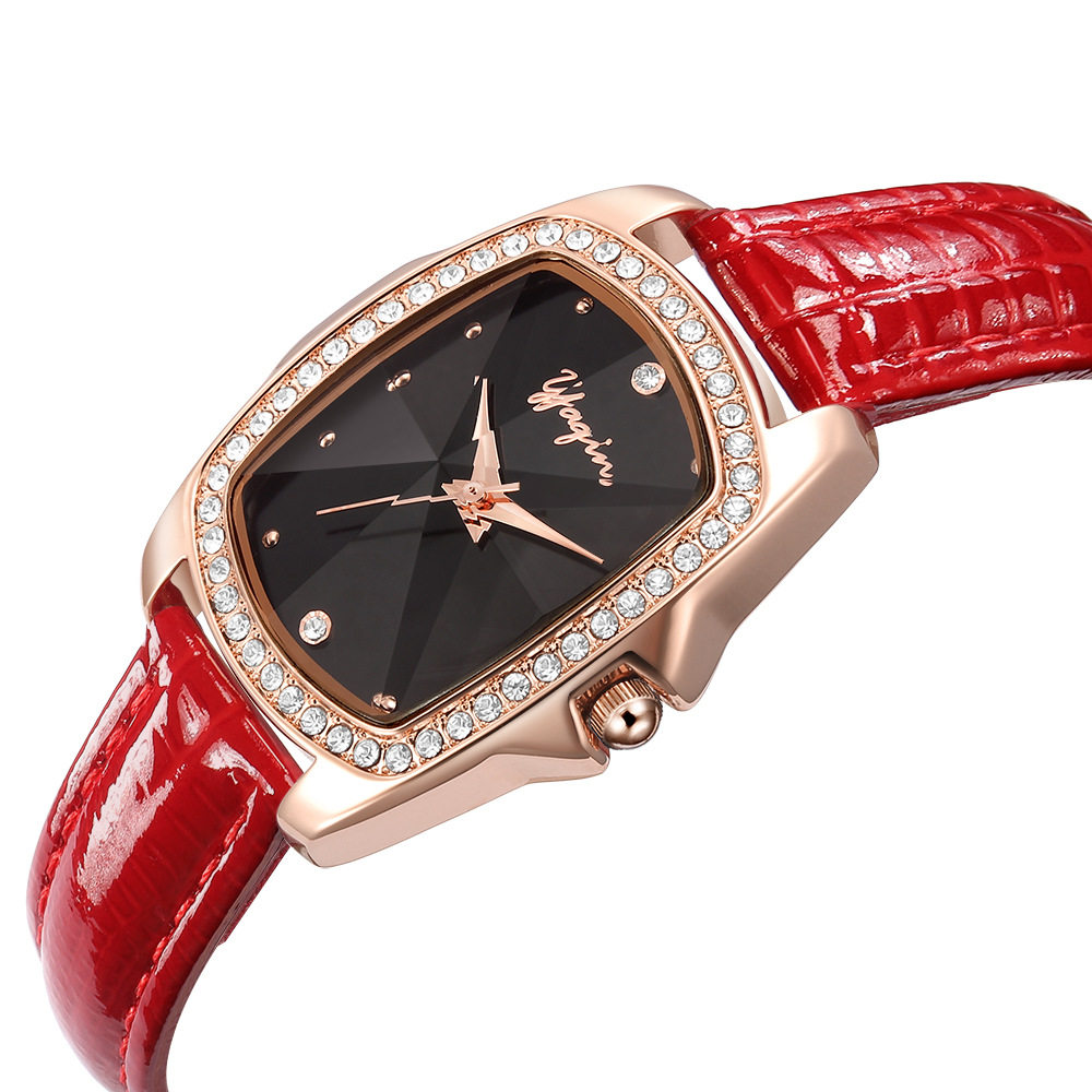 直播专拍链接yaqin雅琴时装表方形镶钻真皮石英国产腕表