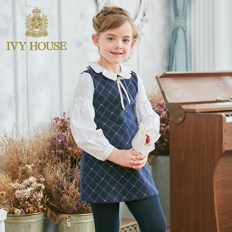 ivy house常春藤童装女2020春秋新款a摆格纹学院风假两件连衣裙