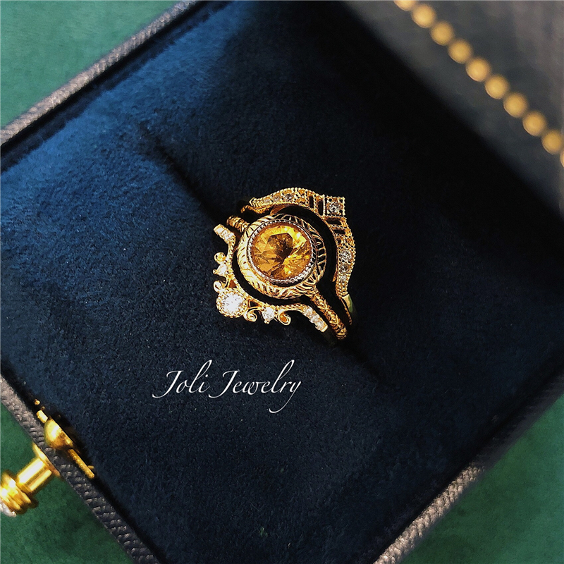 维多利亚法风复古925纯银镀金古董风戒指天然白水晶黄水晶3枚套戒