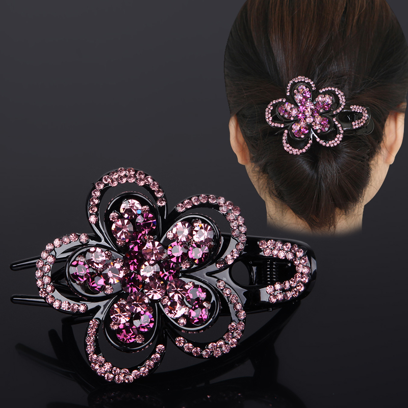 发卡三齿夹顶花朵鸭嘴水钻盘发妈妈头饰一字发饰