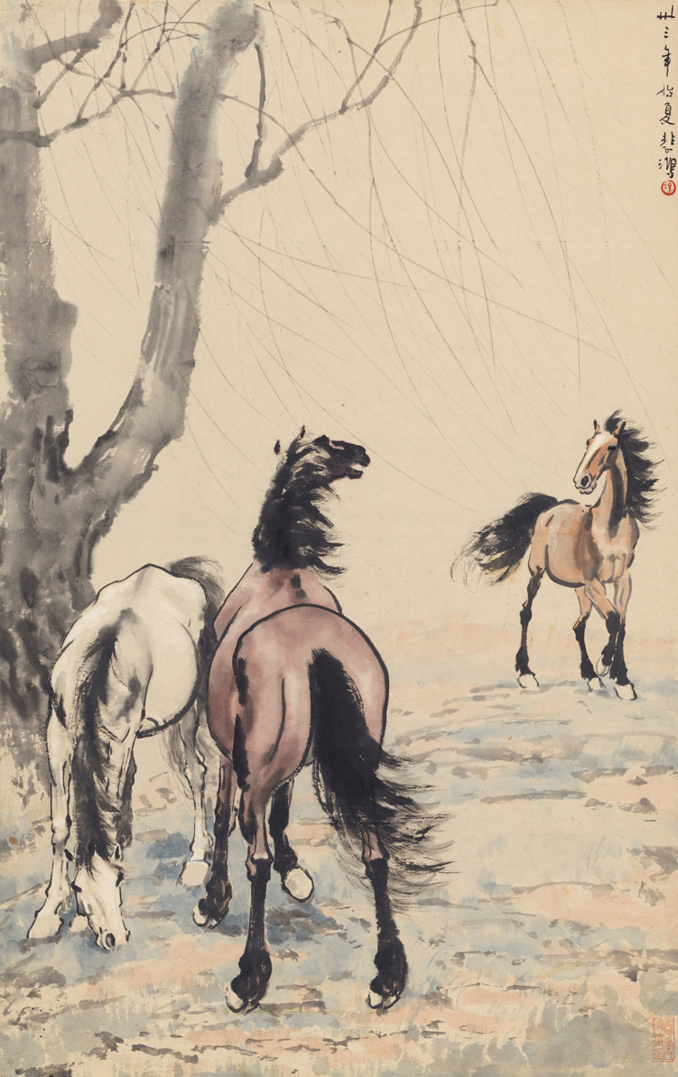 装饰画国画字画真迹客厅挂画八骏图手绘徐悲鸿春郊国画