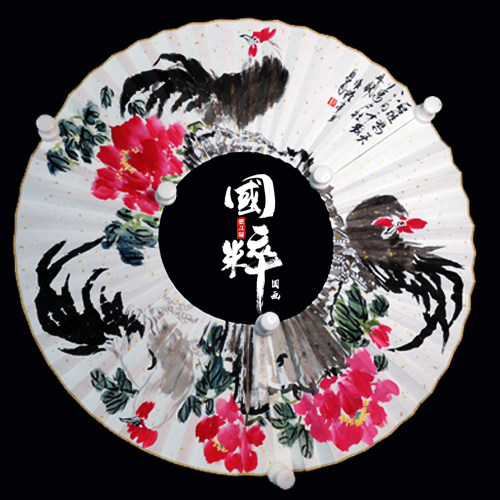 张义国画扇面一唱雄鸡天下千家万户牡丹国潮扇子其他特色工艺品