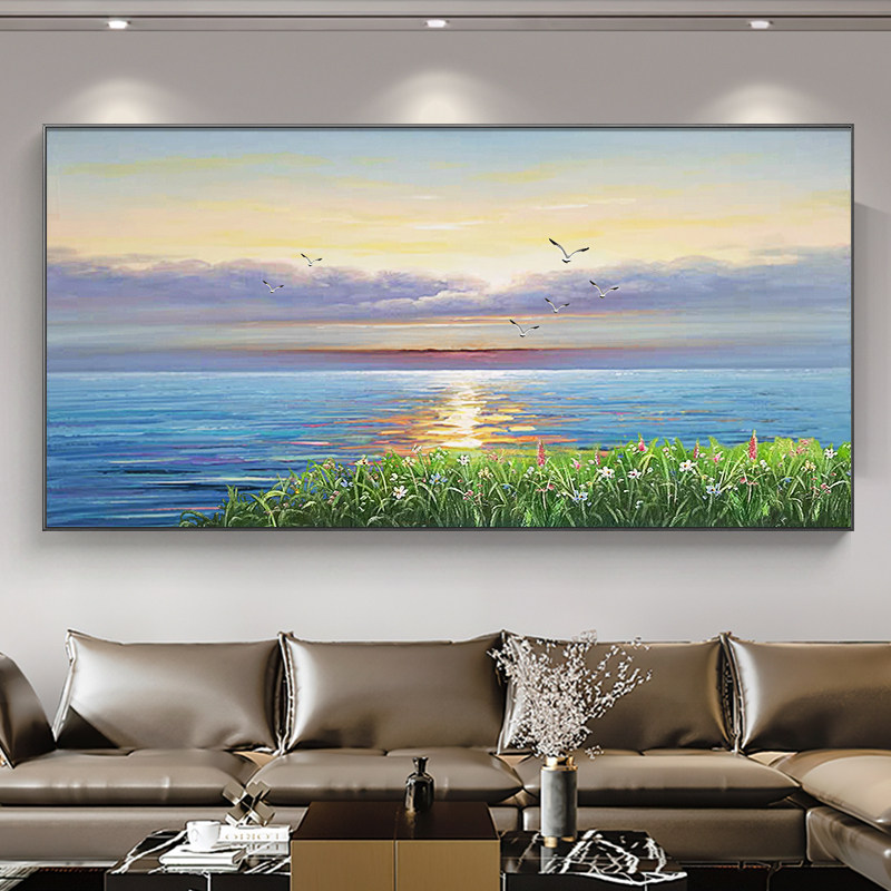 现代简约客厅沙发背景墙手绘大海风景横版装饰画卧室现代装饰画
