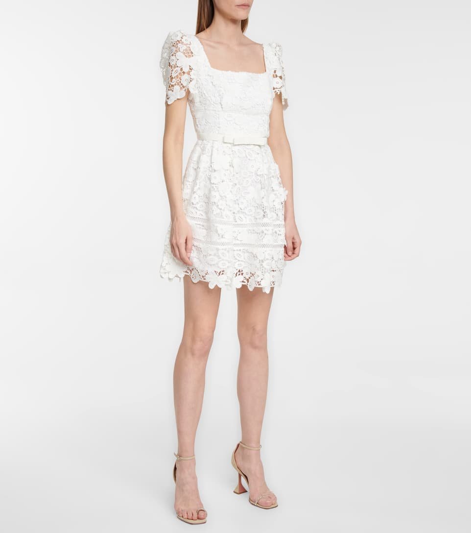 英国代购selfportrait2021白色水溶蕾丝方领蝴蝶结腰带带饰连衣裙