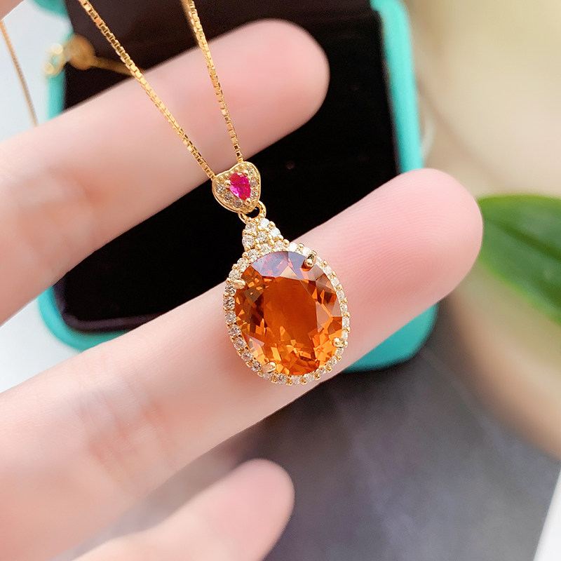 纯银镶嵌芬达色天然黄水晶吊坠项链豪华华大宝石项坠