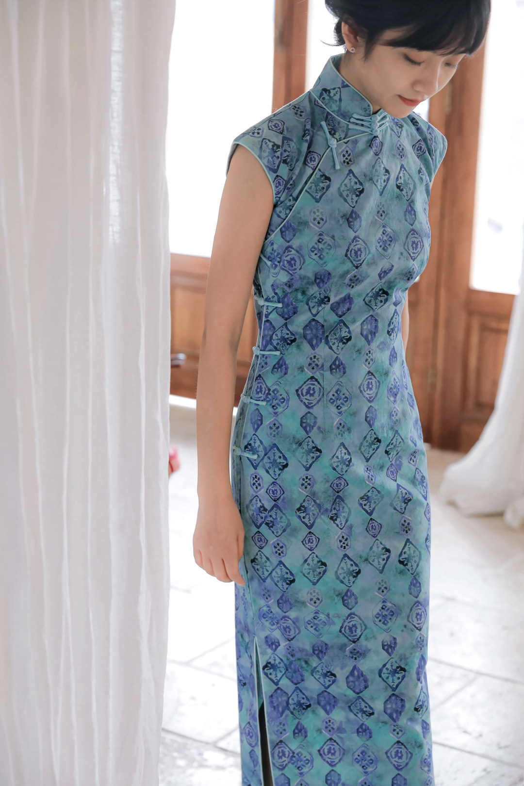 旗袍茉茉春夏季小连半开开襟长款复古日常印花旗袍