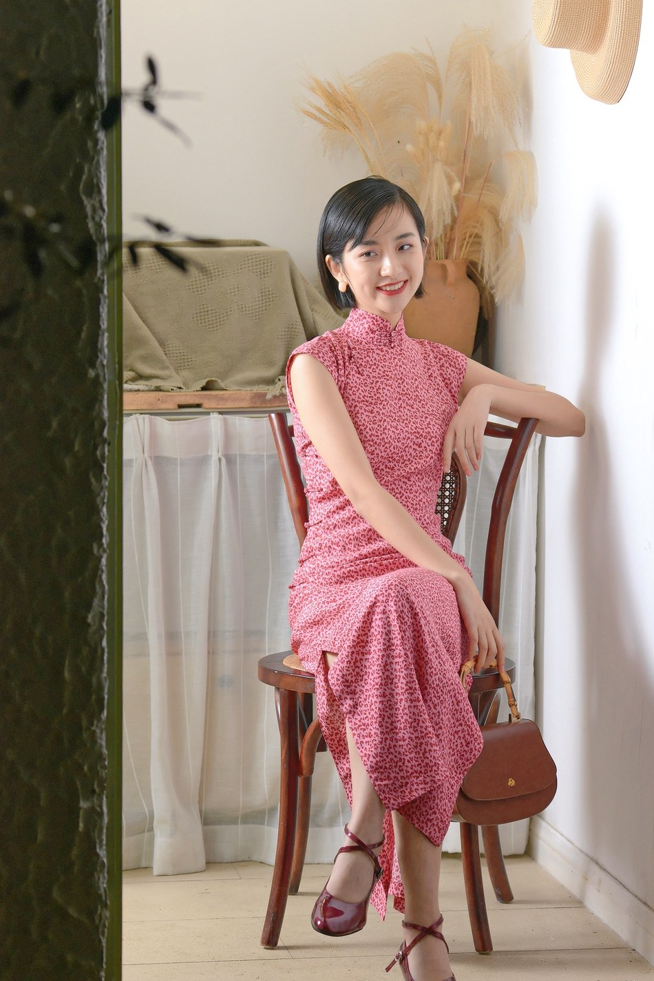 旗袍茉茉春夏季小连半开开襟长款复古日常印花旗袍