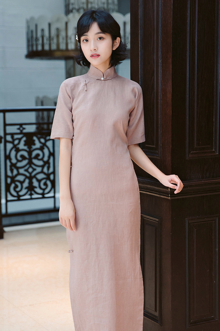 旗袍茉茉四分连袖省道全开开襟中长复古纯色旗袍