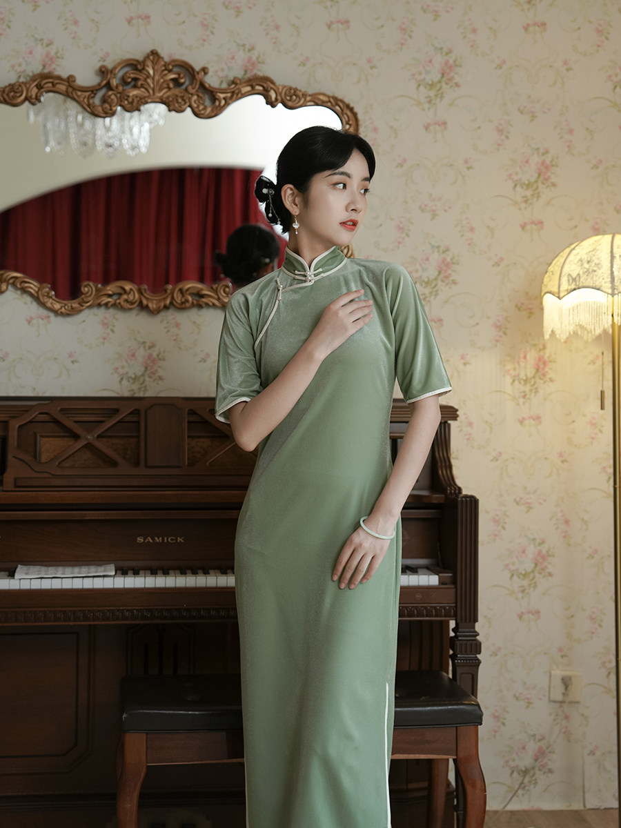 茉茉秋冬季四分连袖拉链无省全身包边复古日常旗袍