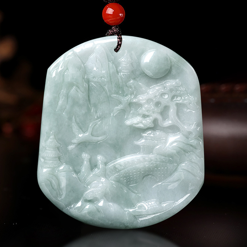 正品天然缅甸翡翠山水牌冰种吊坠玉石挂件玉佩项坠