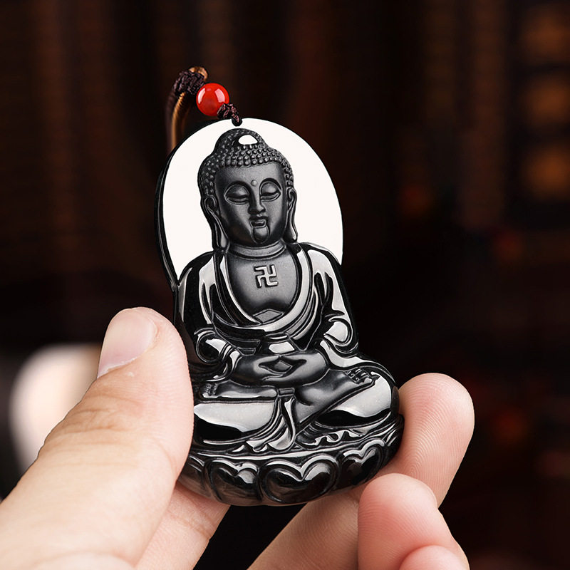 天然墨翠翡翠墨玉阿弥陀佛冰种玉石吊坠佛像挂件项坠