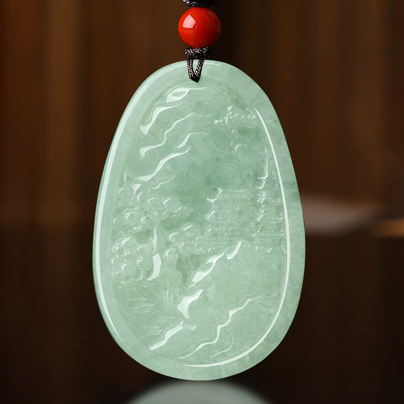 天然缅甸翡翠山水牌冰种玉石吊坠挂件玉佩项链项坠